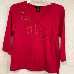 NWOT Project Sequined Stretch Top Magenta Pink V-Neck 3/4 Sleeves Petite Size PS